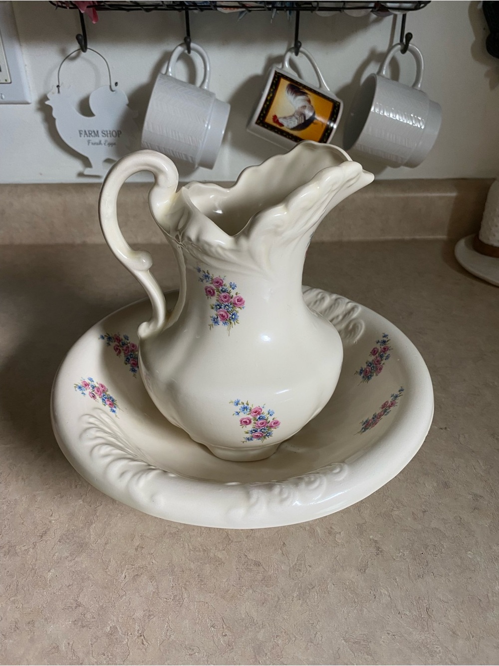 Vintage Porcelain Floral Pitcher and Bowl Wash Basin Set Cottagecore Home Decor